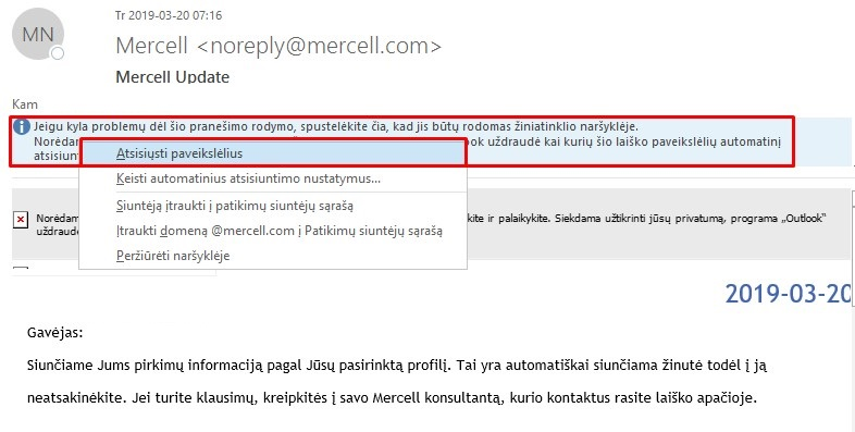 Paveikslėlių rodymas el. laiškuose