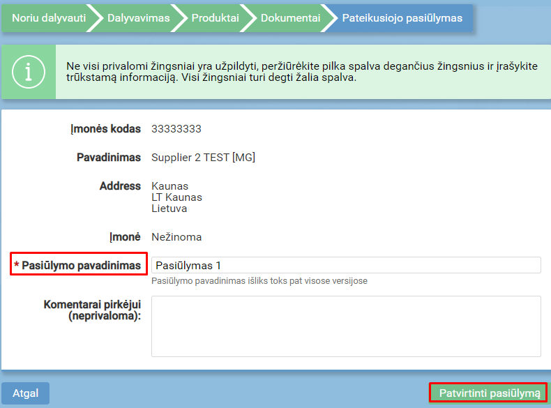 6.1 žingsnis - Pasiūlymo patvirtinimas jei aktyvuota galimybė pateikti paralelinius pasiūlymus