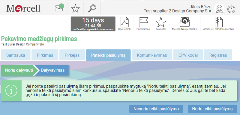 4 žingsnis - pasiūlymo pateikimo proceso pradžia