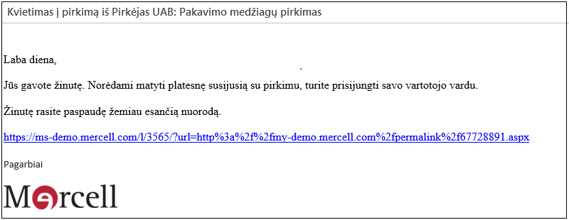 1 žingsnis - kvietimas į pirkimą el. paštu ir prisijungimas
