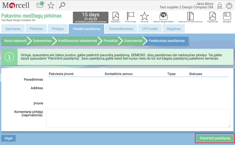 6 žingsnis - Pasiūlymo patvirtinimas