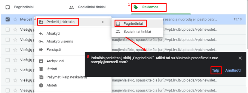 El. laiškų perkėlimas iš "Reklamos" skilties į "Pagrindiniai" skiltį